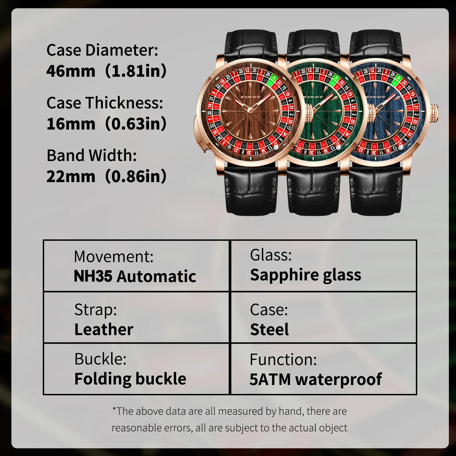 Luxury men's automatic watch with sapphire glass and waterproof design.