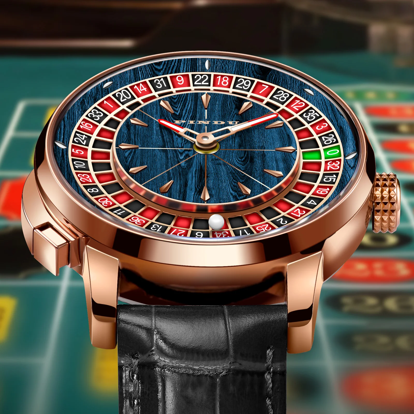 Luxury men's automatic watch with rotating dial and sapphire waterproof glass.
