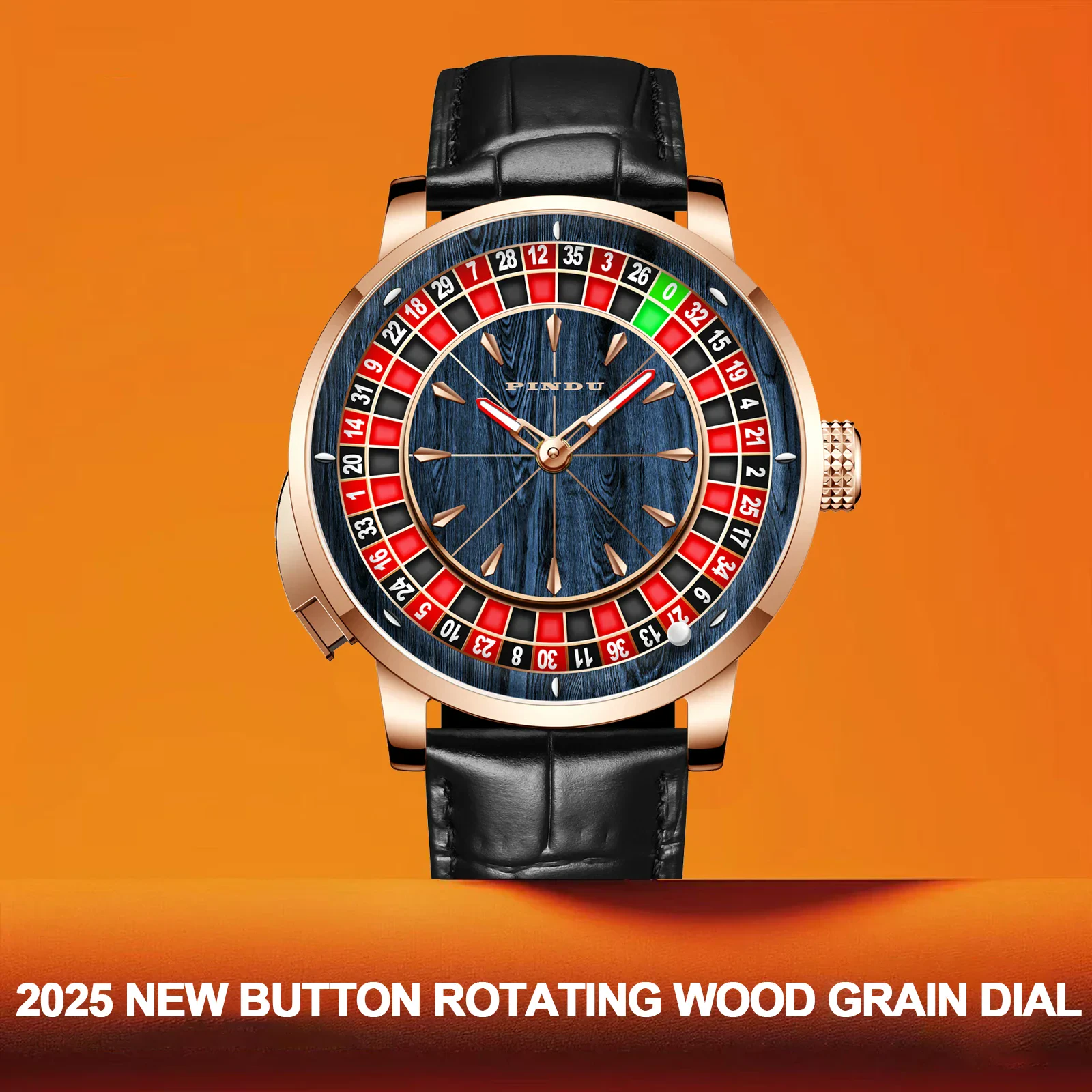 Luxury men's mechanical watch with rotating button dial, NH35 movement, sapphire crystal, waterproof.