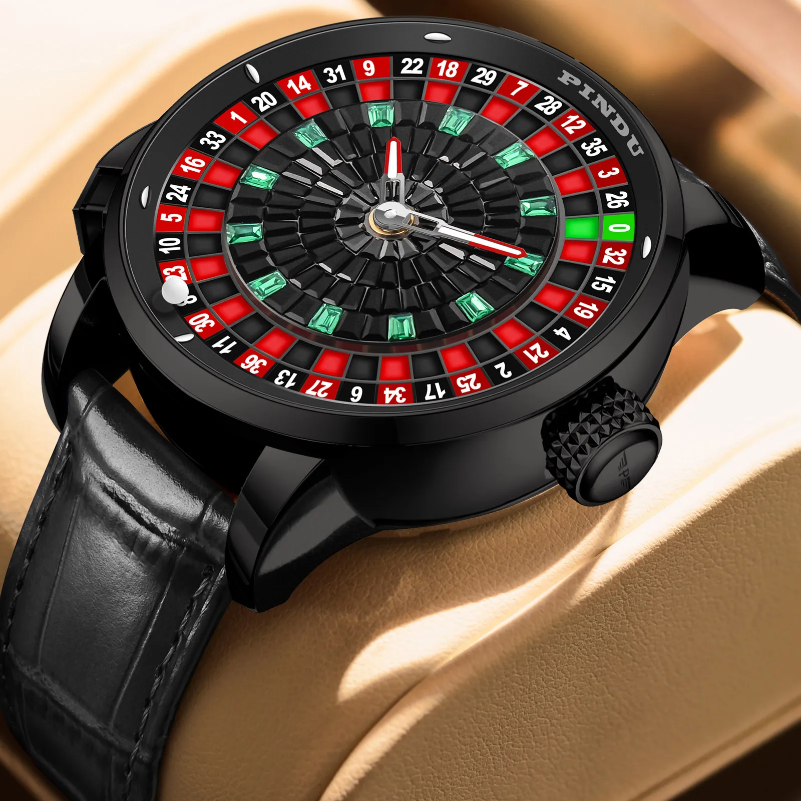 Luxury roulette game watch with black shell and rotating dial.