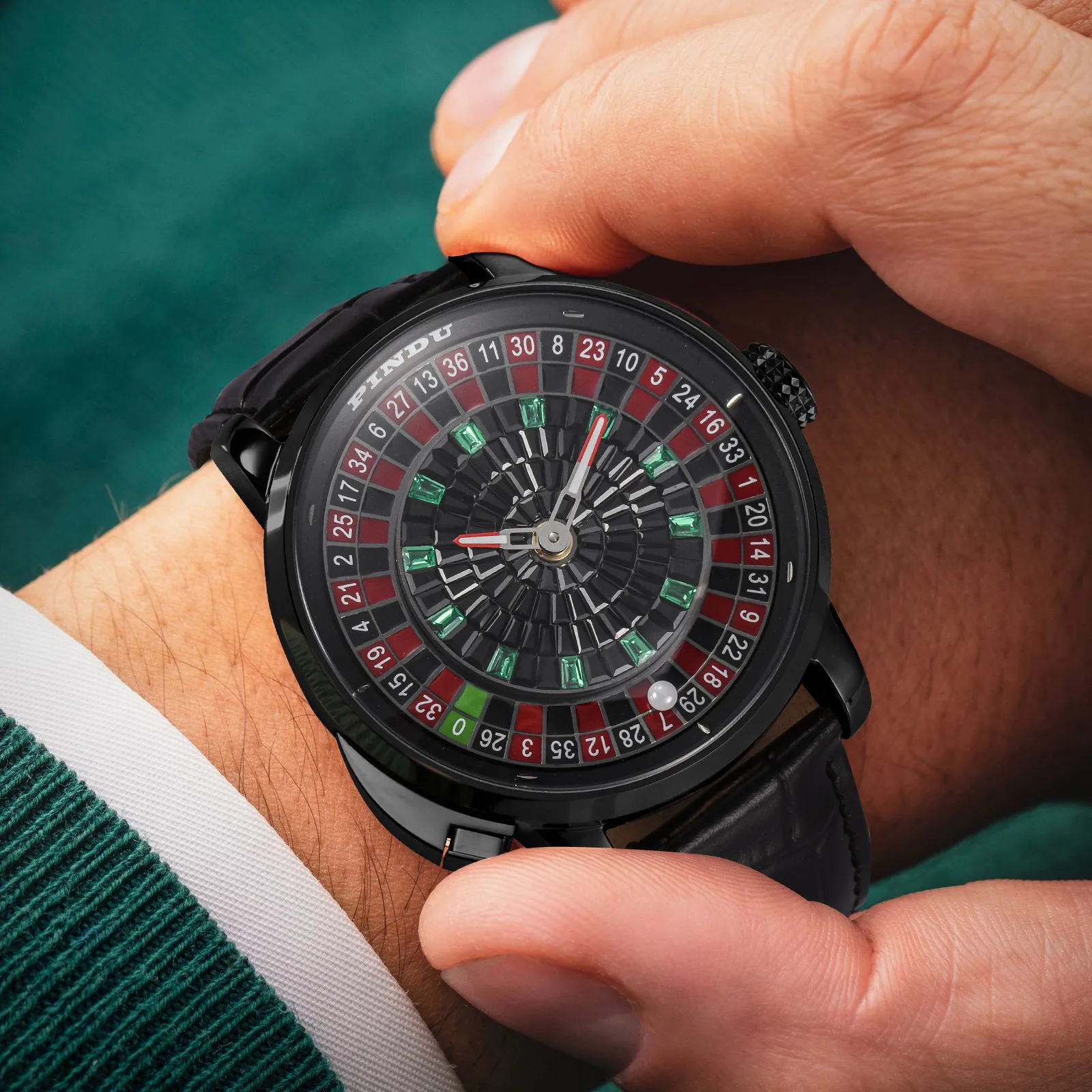 Luxury roulette game watch with black shell and NH35 movement.