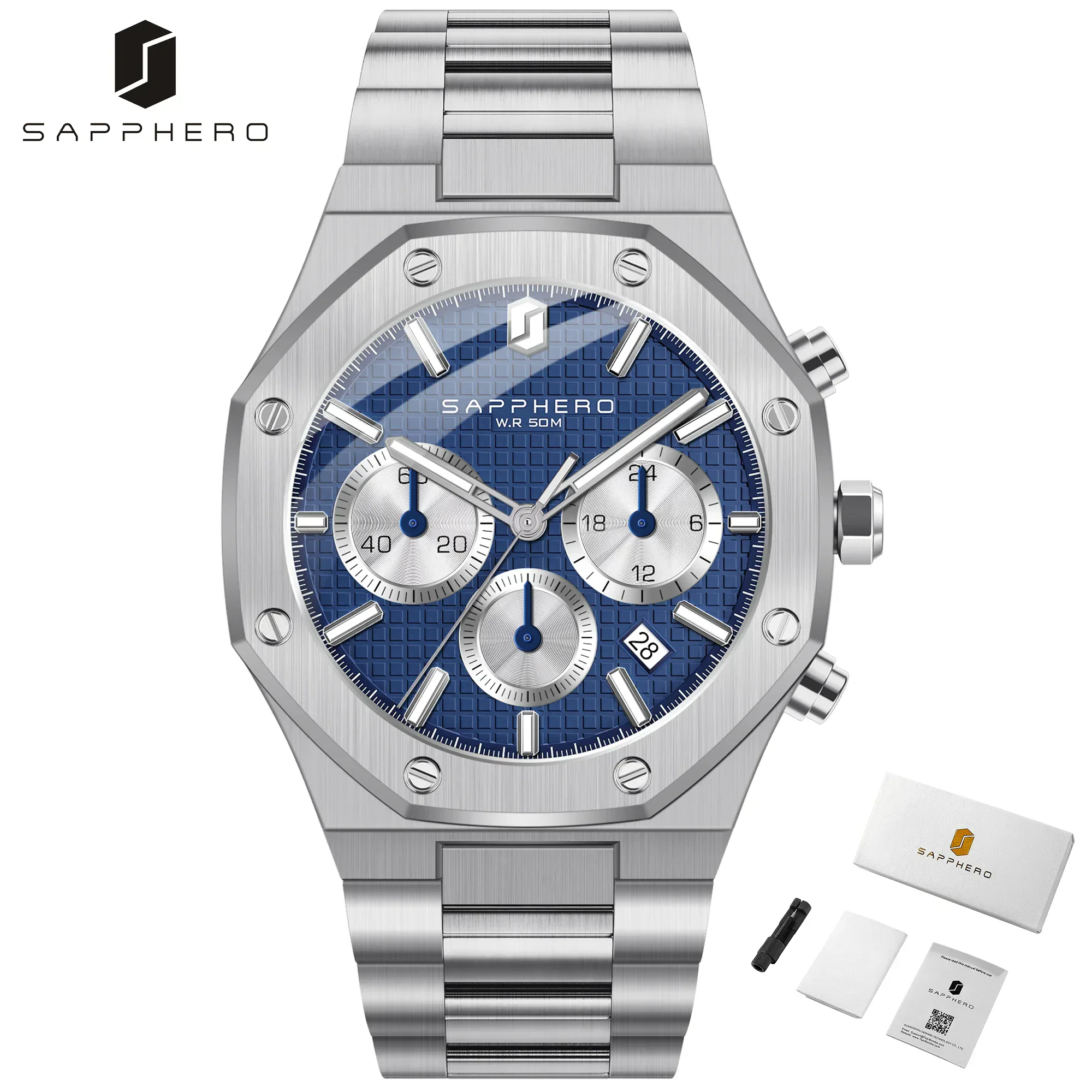 Elegant SAPPHERO men's chronograph watch in stainless steel.
