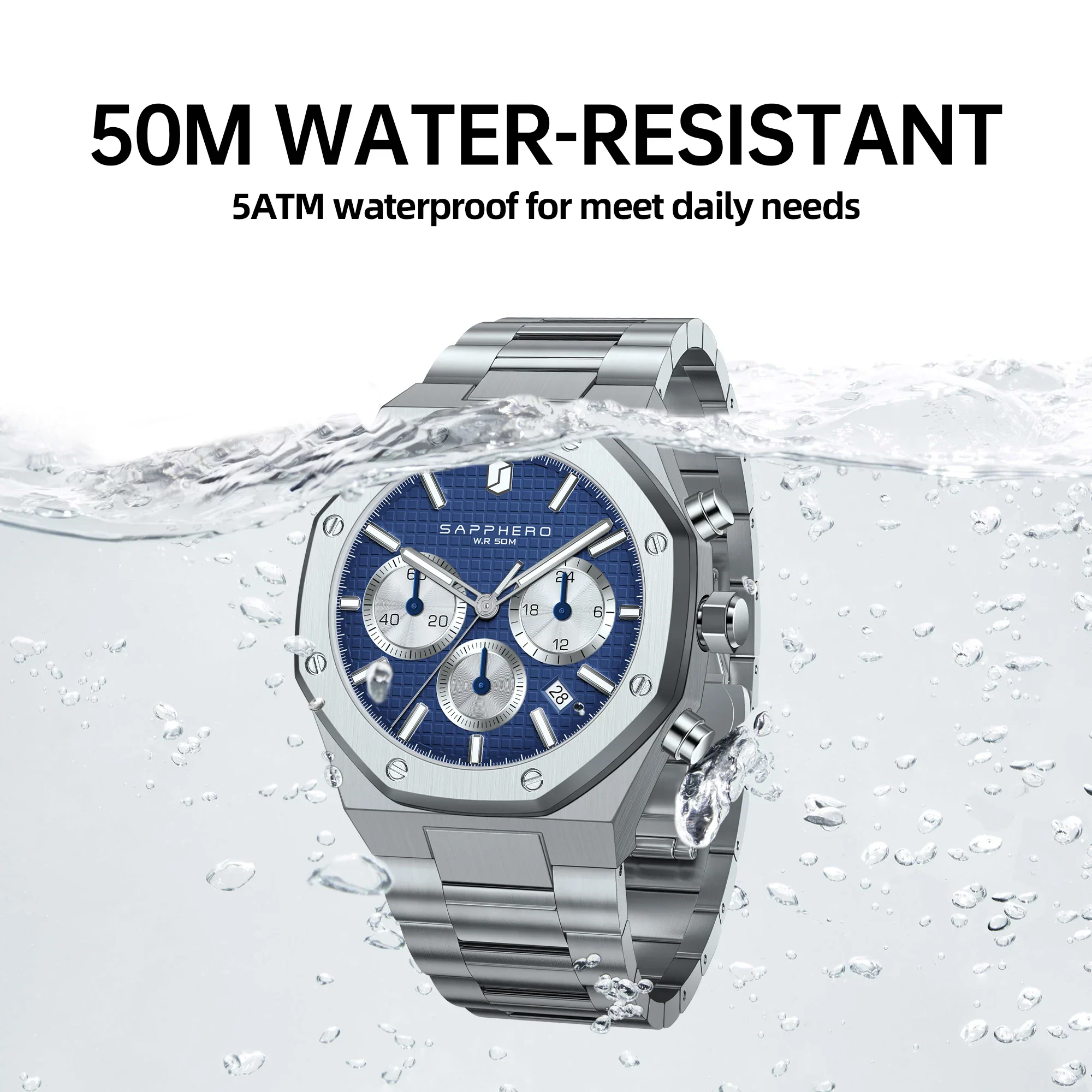 Men's waterproof stainless steel chronograph watch with glowing hands.