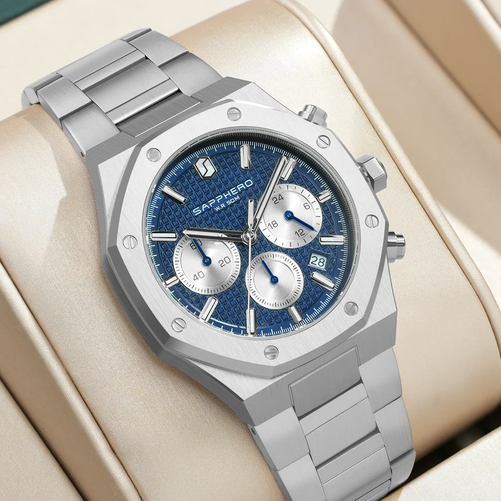 Men's stainless steel waterproof watch with chronograph and glowing hands.