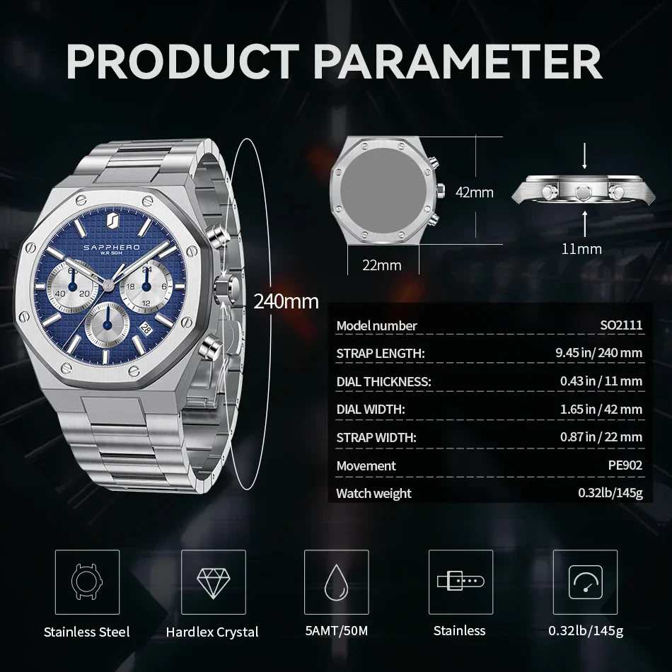 Men's waterproof stainless steel chronograph watch with glowing hands and date display.
