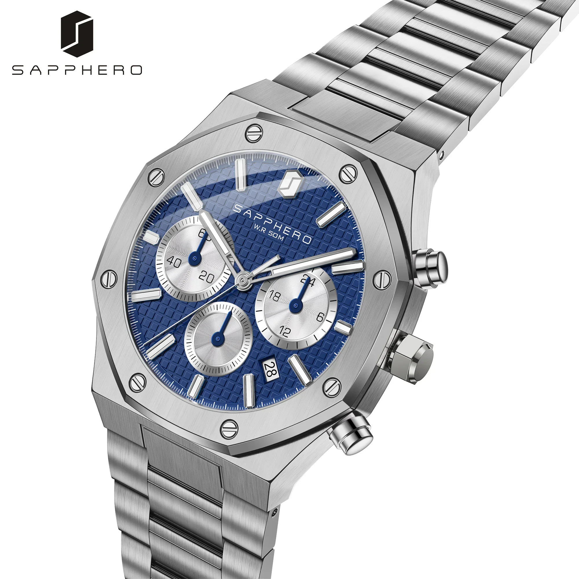 Men's waterproof chronograph watch with glowing hands and stainless steel band.