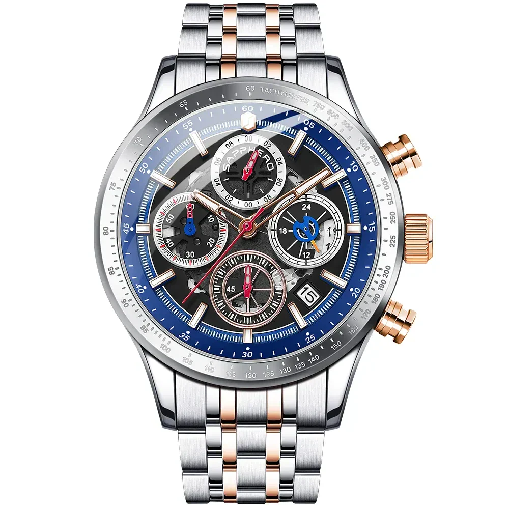 Elegant men's mechanical quartz watch with chronograph and waterproof design.