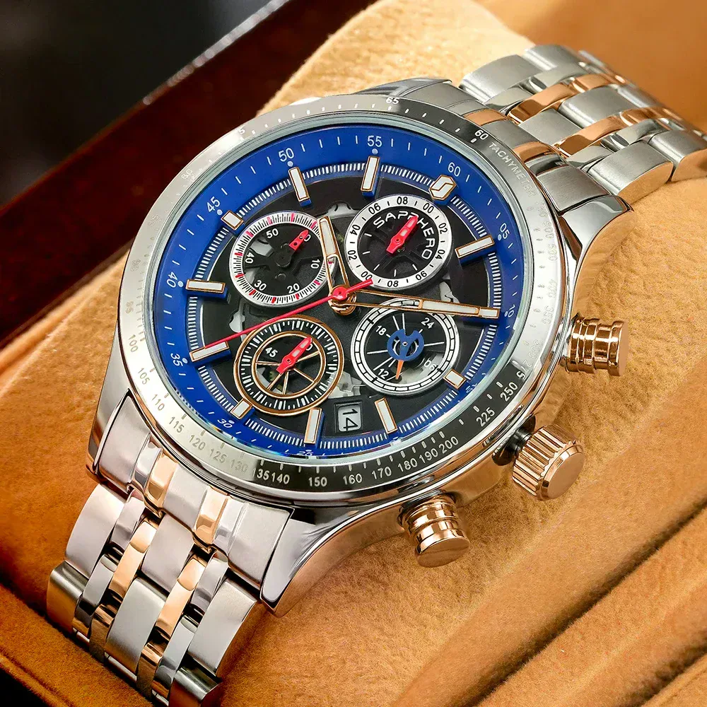 Men's fashion mechanical quartz watch with chronograph, waterproof, and date display.