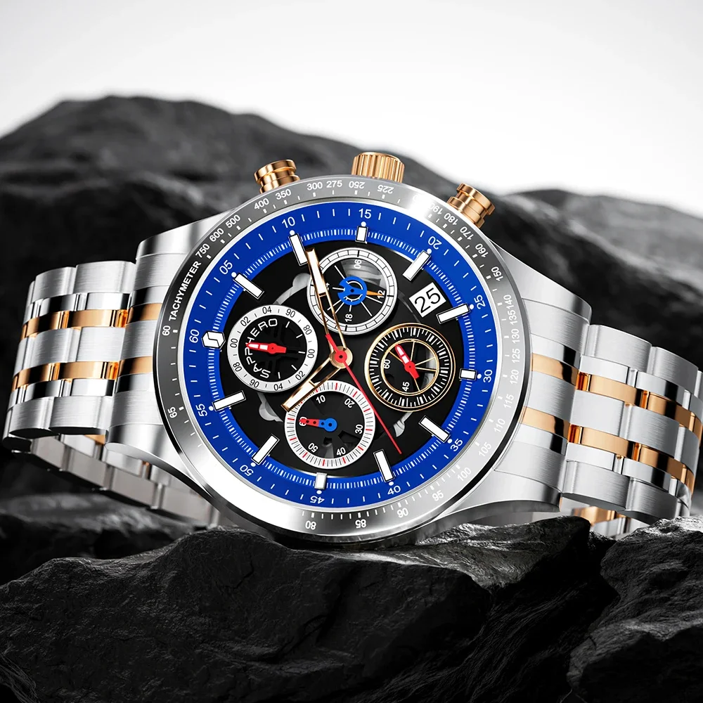 Stylish men's fashion watch with chronograph and waterproof features.