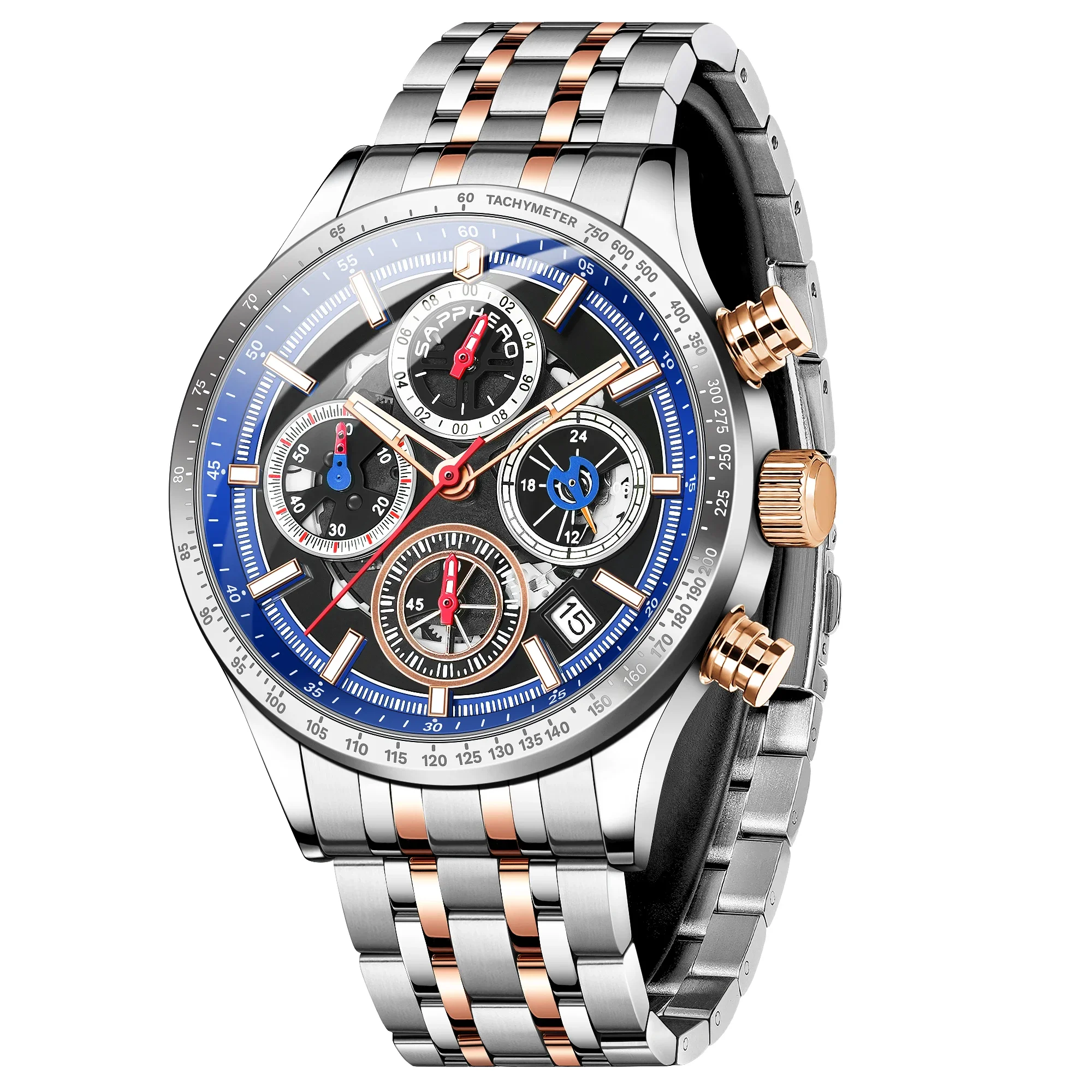 Men's fashion watch with chronograph, waterproof, and stylish design.