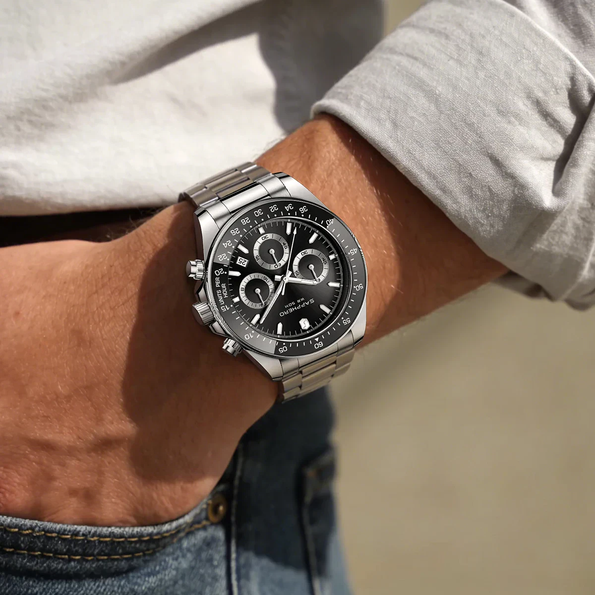 Men's Waterproof Chronograph Watch with Stainless Steel Strap.
