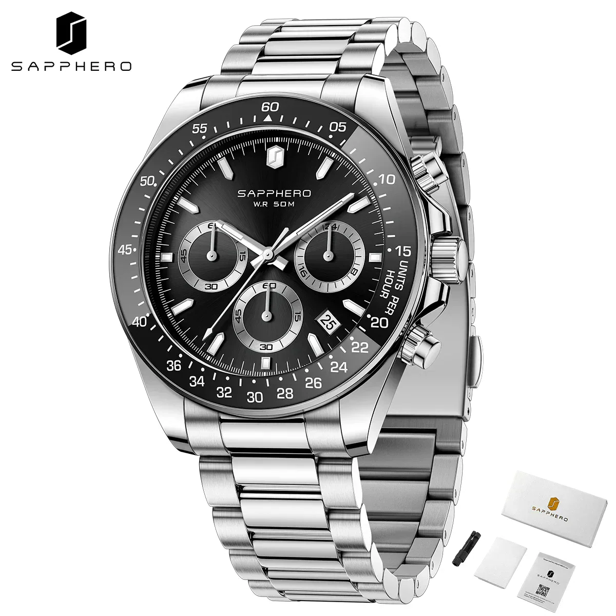 High-Quality SAPPHERO men's stainless steel chronograph watch with black dial.