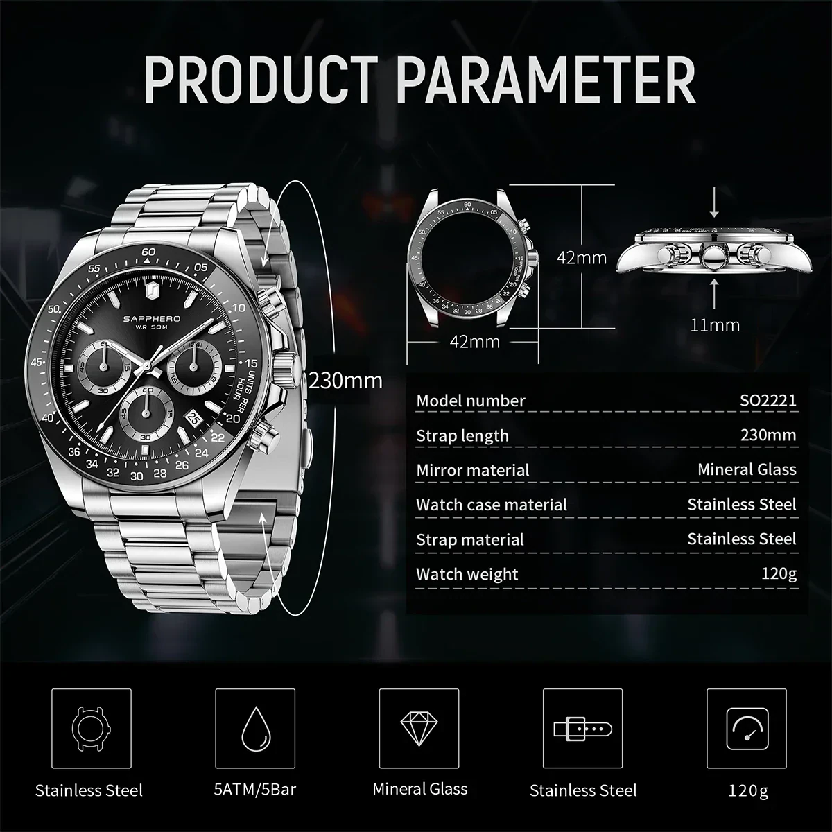 Men's waterproof stainless steel watch with date function, 5ATM water resistance, and durable strap.