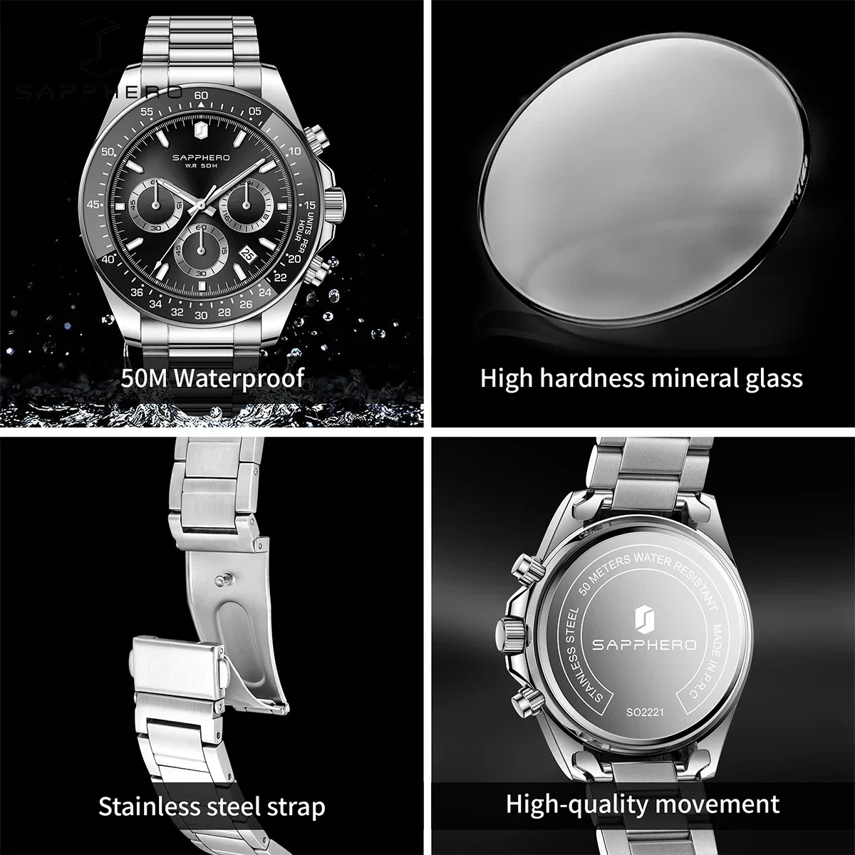 Men's stainless steel watch with date display, 5ATM waterproof, and durable strap.