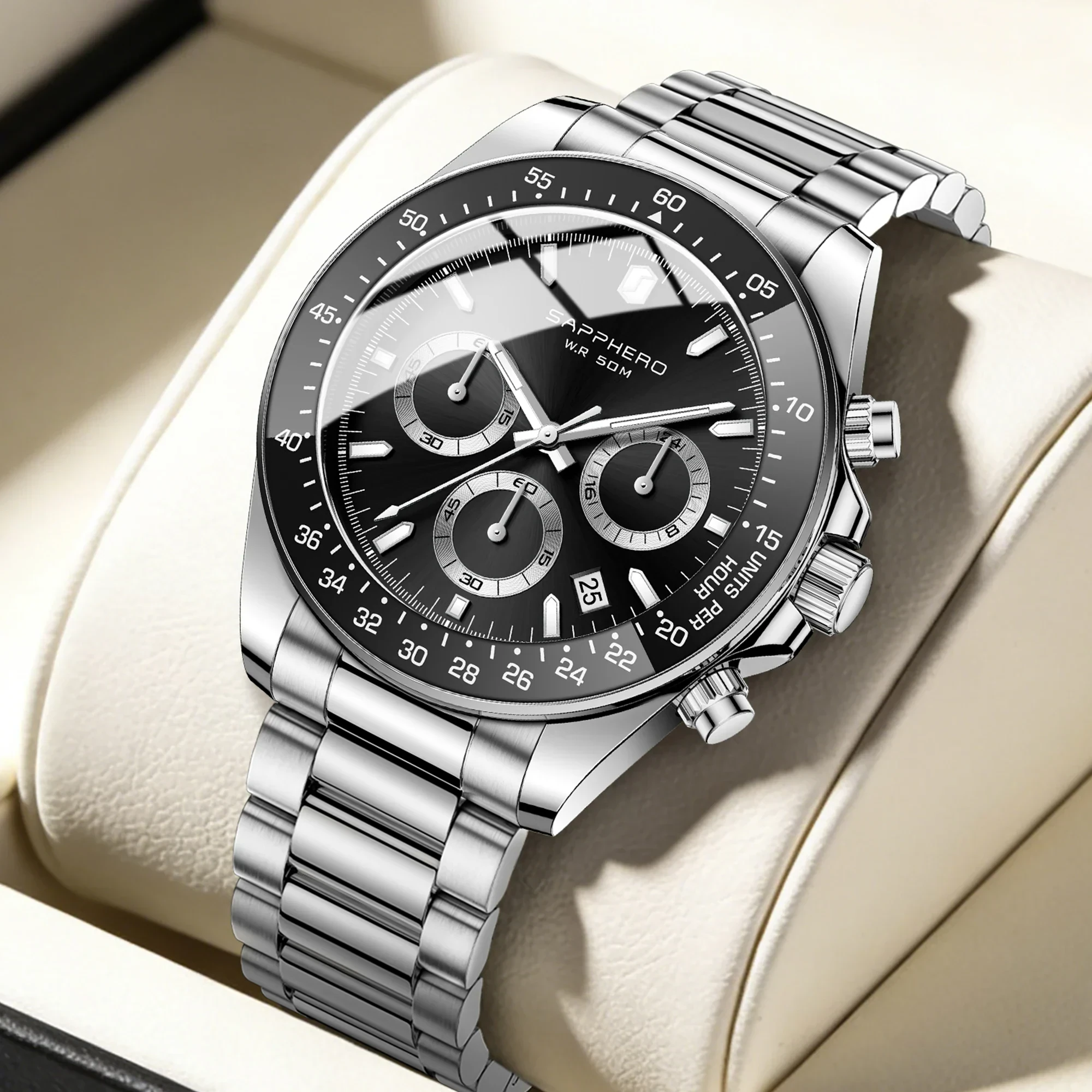 Stylish men's stainless steel watch with date display and chronograph features.