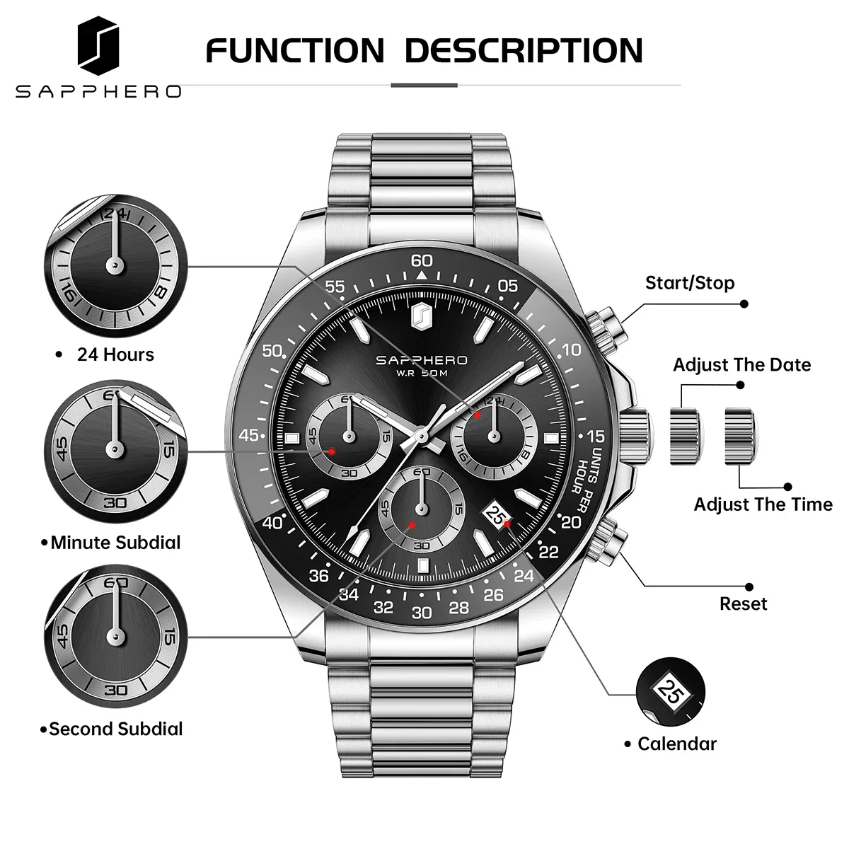 Stylish men's stainless steel watch with date display and chronograph features.