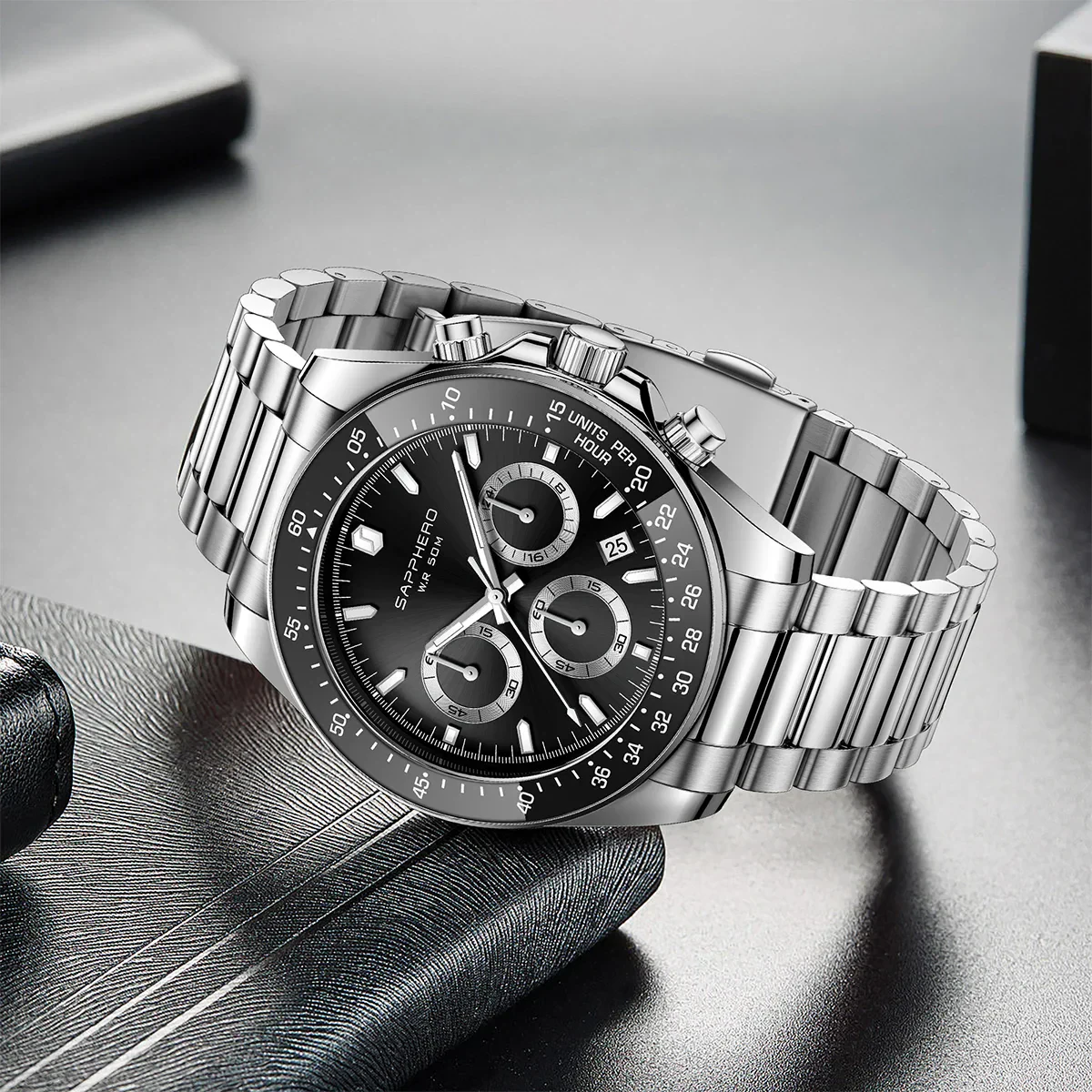 Stylish stainless steel men's watch with date display and chronograph features.