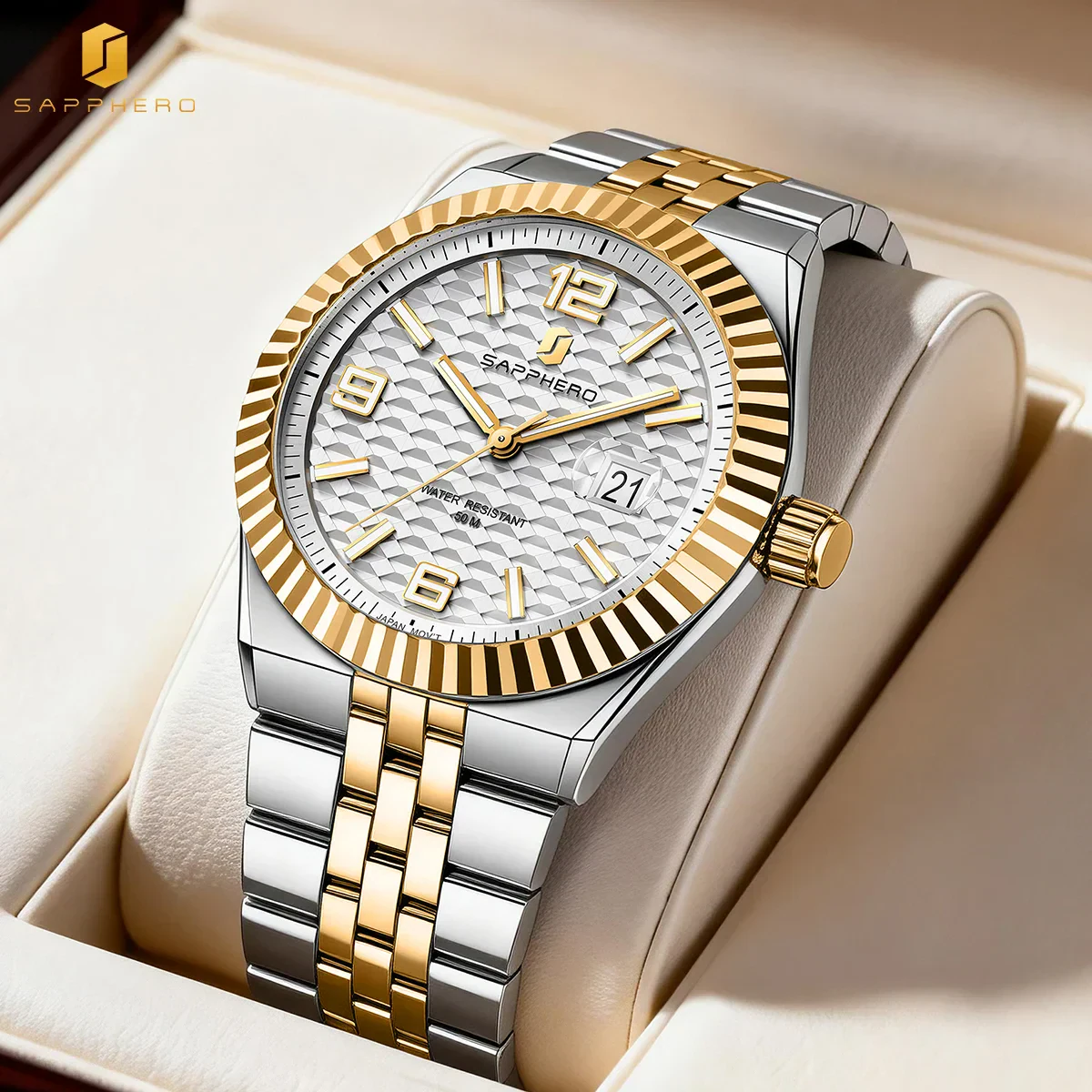Elegant stainless steel automatic wristwatch with gold accents.