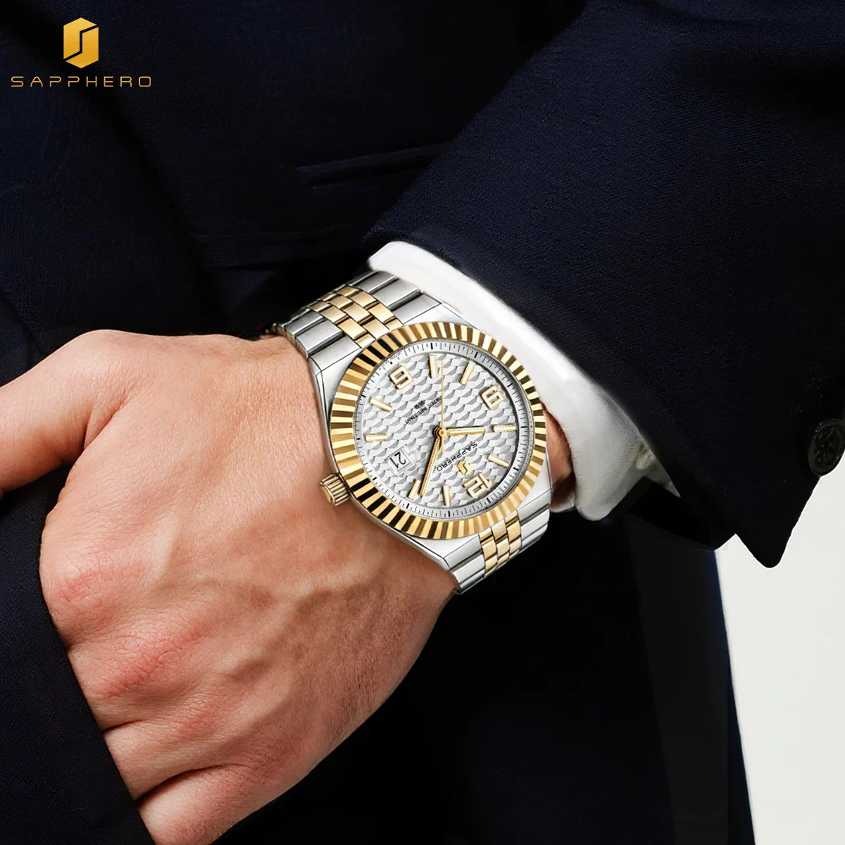 Men's stainless steel automatic wristwatch with gold bezel and date display.