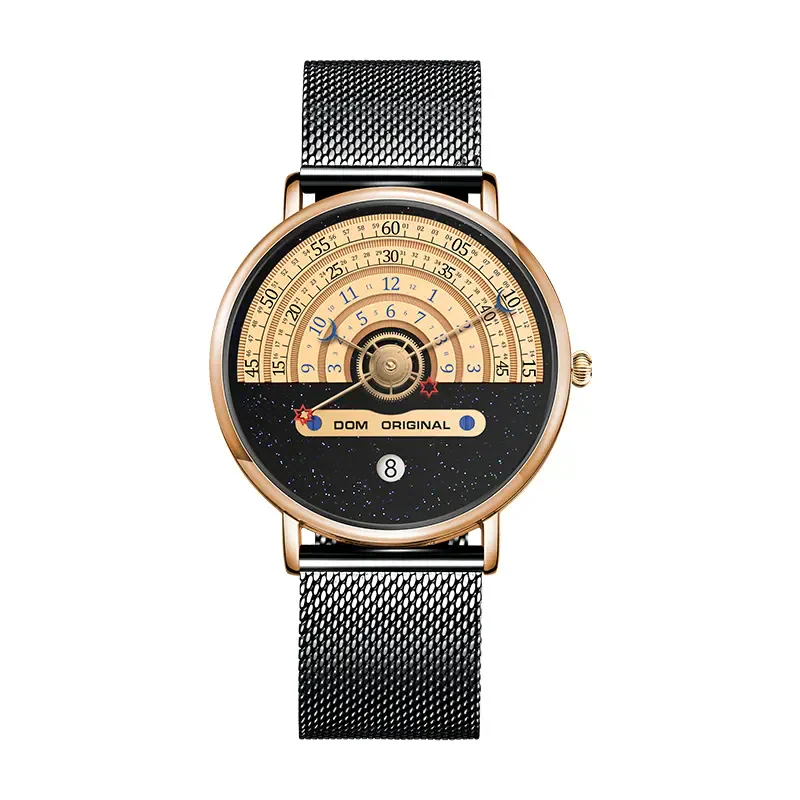 Elegant men's watch with retro-futuristic design and intricate dial details. Perfect for stylish, mo.