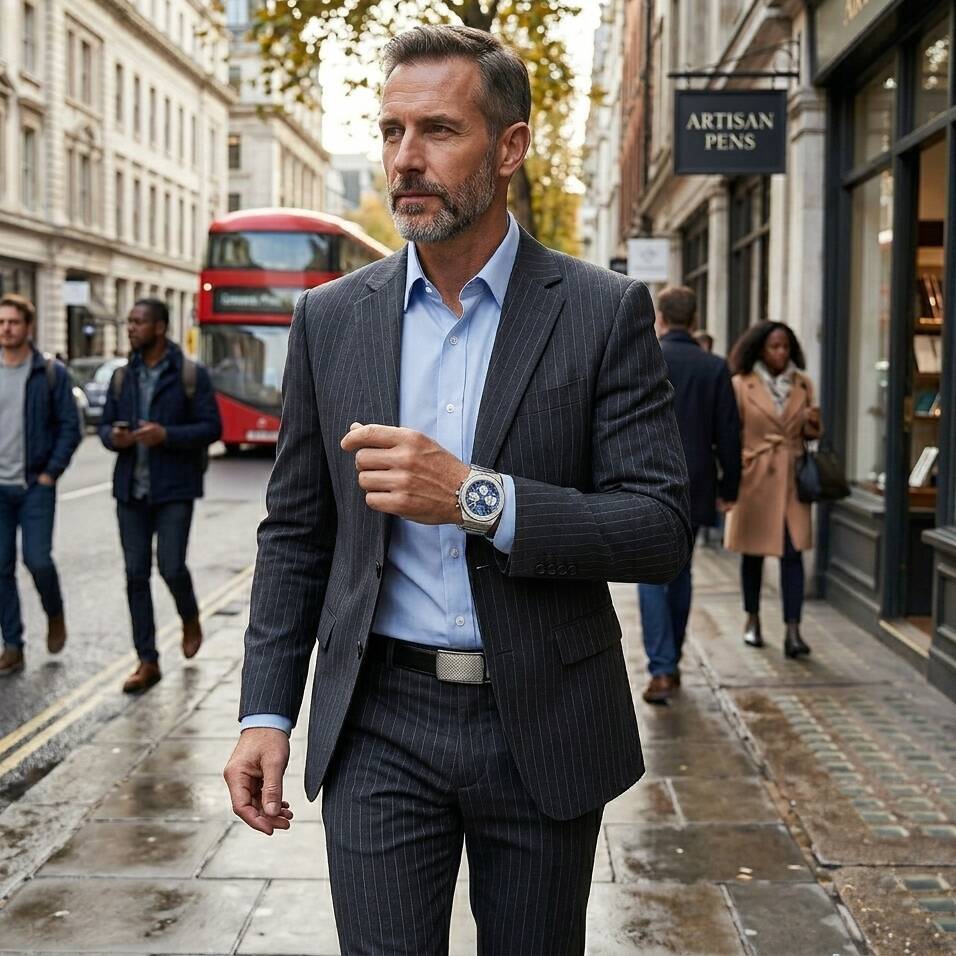 Elegant SAPPHERO watch displayed on a man in a city street setting.
