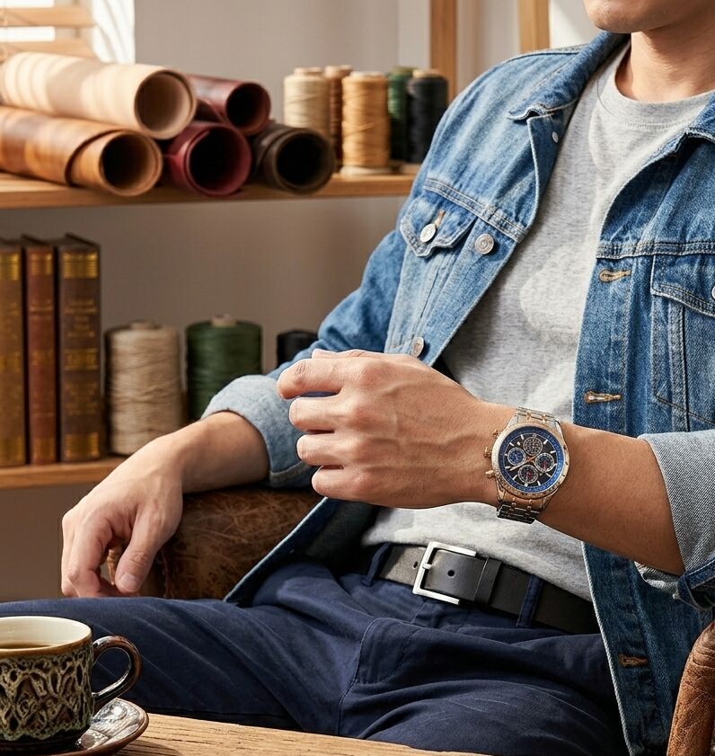 Stylish man wearing SAPPHERO watch and matching belt in a cozy shop.