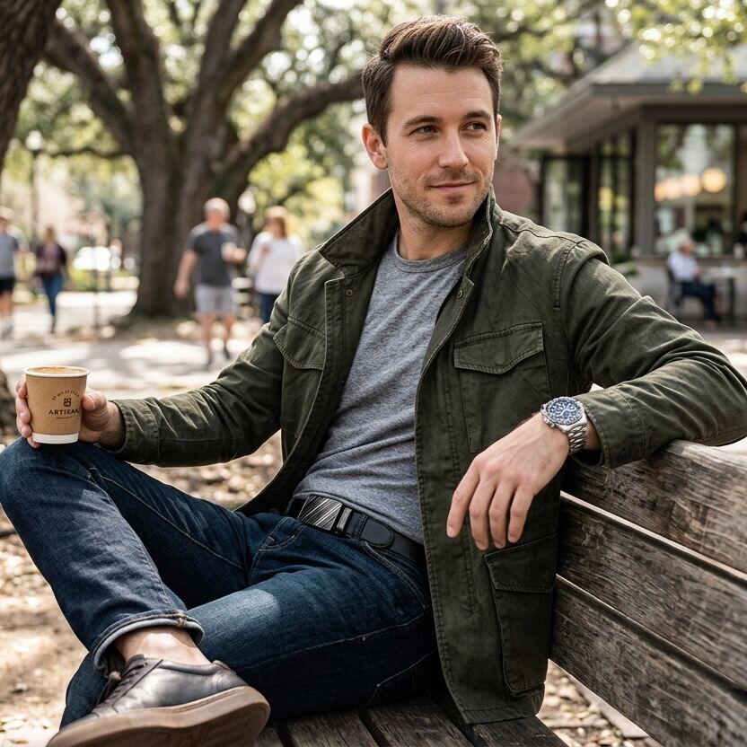 Elegant SAPPHERO watch on man's wrist in outdoor setting.