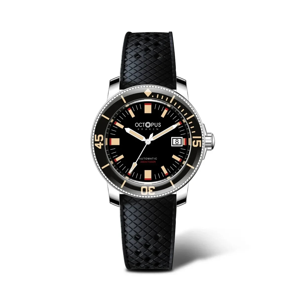 Men's dive watch with black dial and rubber strap, automatic movement.