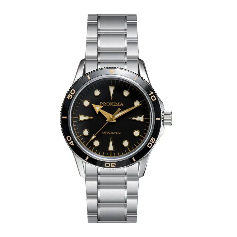 Men's Proxima dive watch with black dial and stainless steel band, automatic movement.