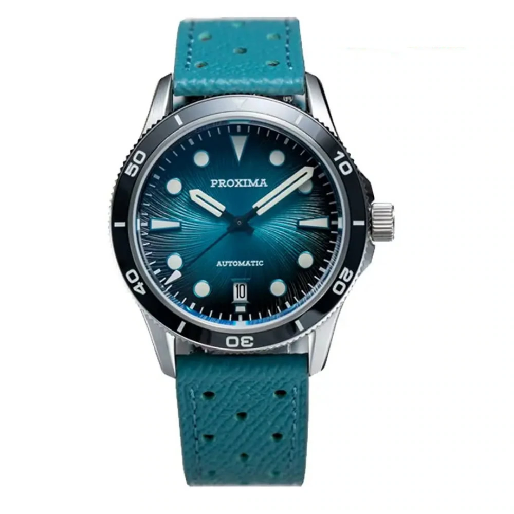 Stylish blue Proxima dive watch with stainless steel case and textured strap.