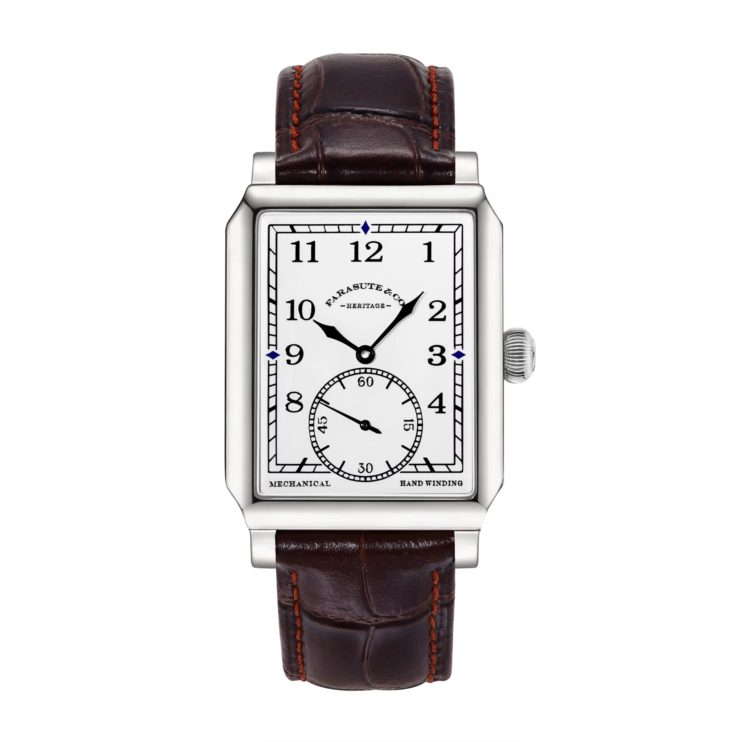 Mechanical wristwatch with rectangular face and leather band.