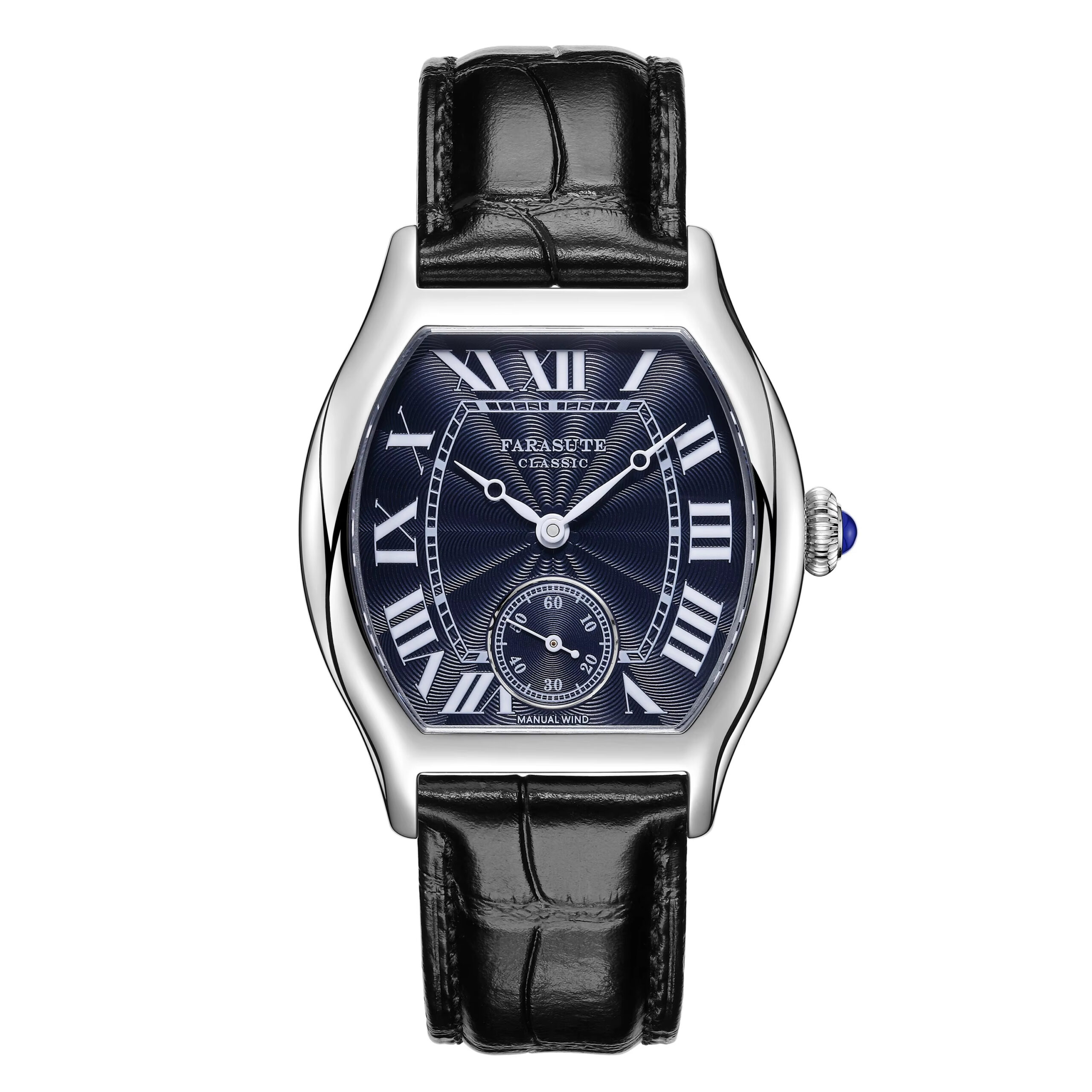 Luxury men's wristwatch with black leather strap and classic blue dial.