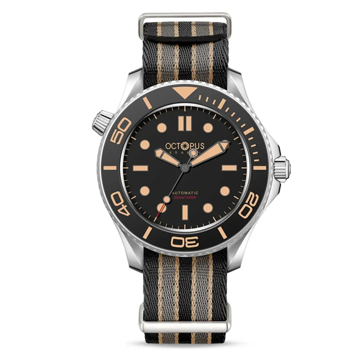 Octopus dive watch with black dial and NATO strap, perfect for underwater adventures.