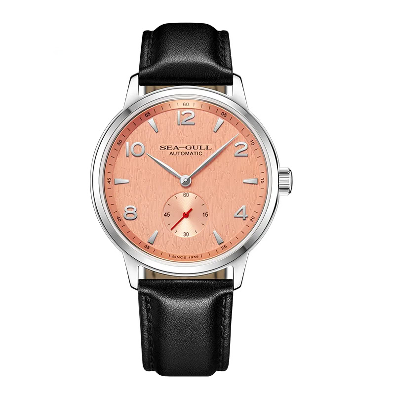 Elegant Sea-Gull automatic watch with pink dial and black leather strap.