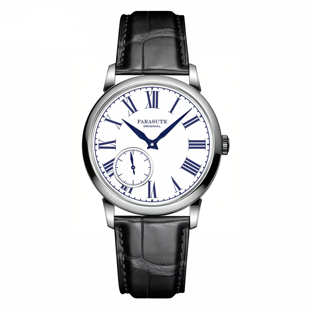 Luxury men's wristwatch with Roman numeral dial and black leather band.