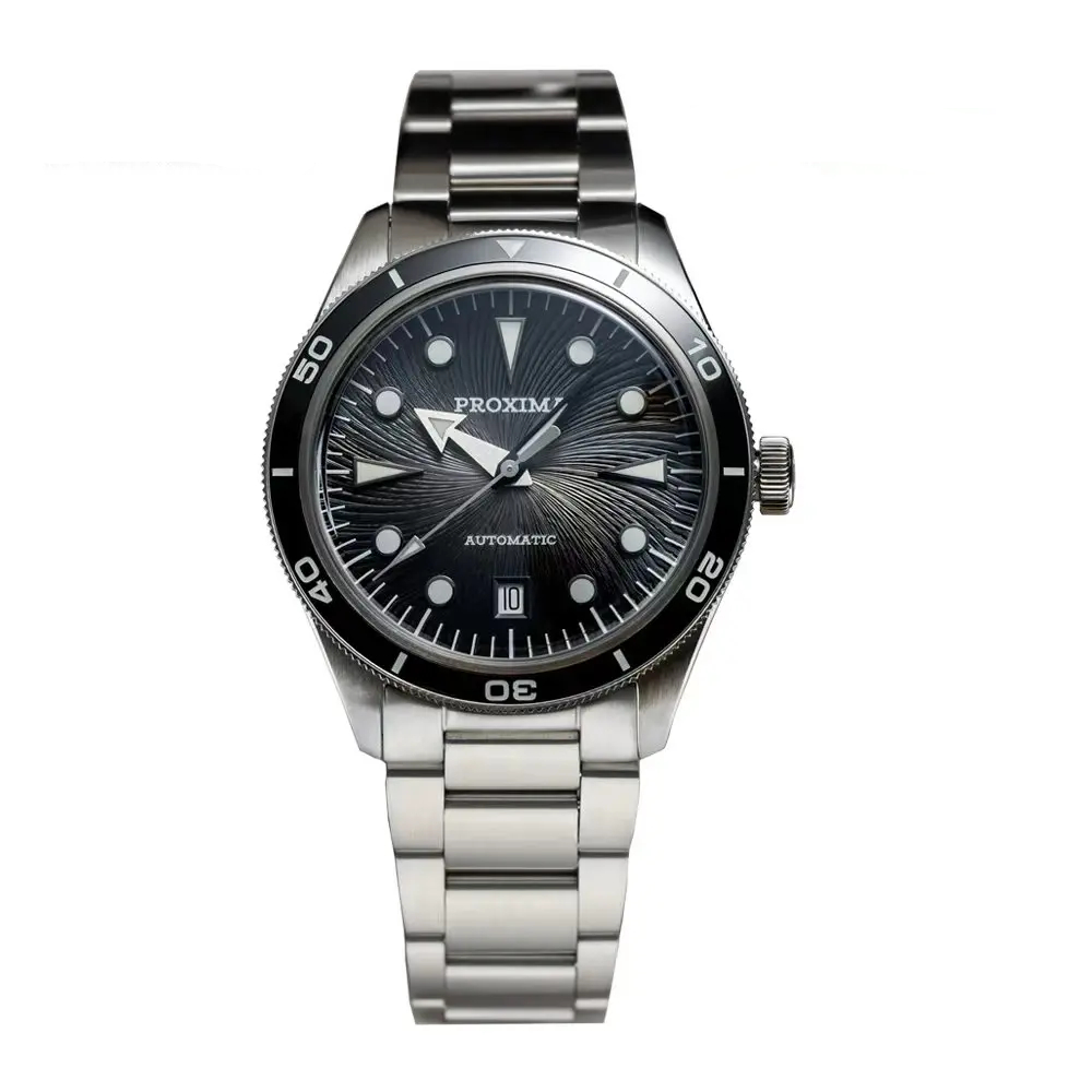 Proximi automatic dive watch with black textured dial and stainless steel bracelet.