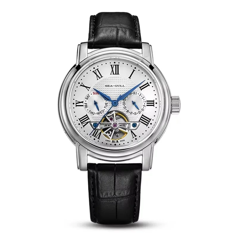 Elegant Sea-Gull mechanical watch with leather strap and open-heart design.
