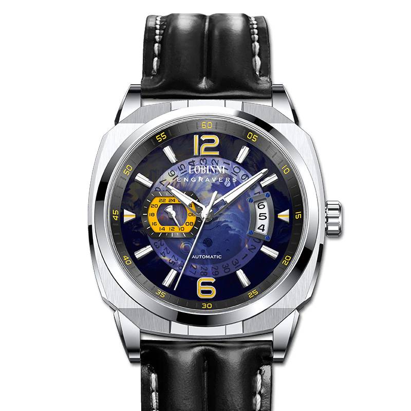 Luxury Lobini automatic watch with blue dial, yellow accents, and black leather strap.