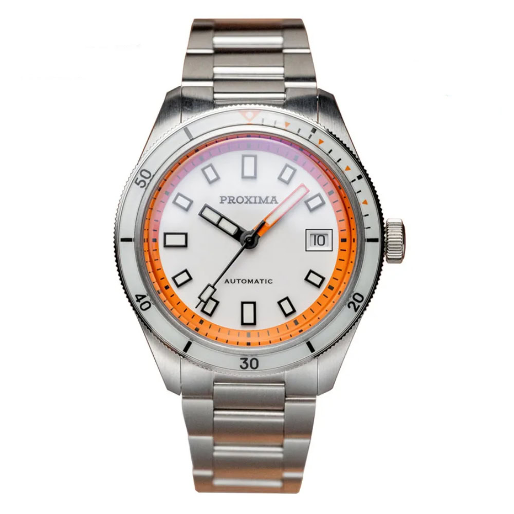 Stylish men's dive watch with orange bezel and stainless steel band.