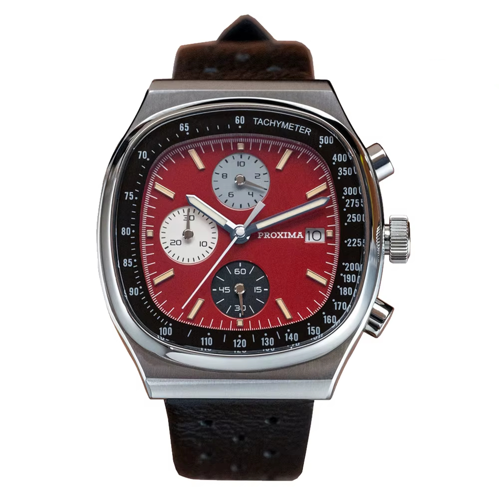 Stylish Proxima chronograph watch featuring a bold red dial and black leather strap.