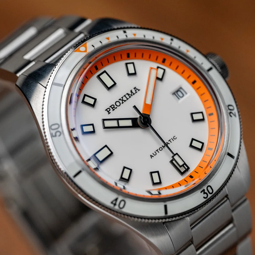 Luxury Diver Watch with Stainless Steel Band and Orange Accents.