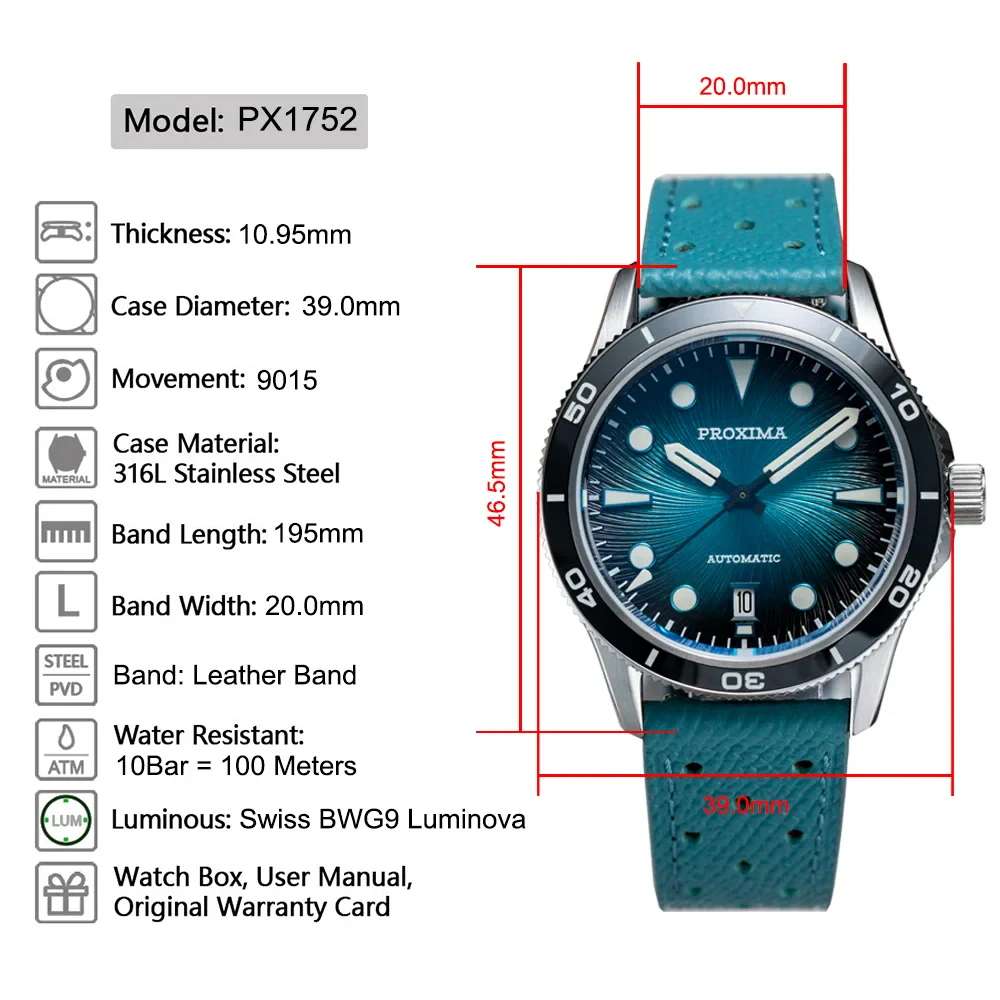 Men's luxury watch with sapphire glass and leather strap.
