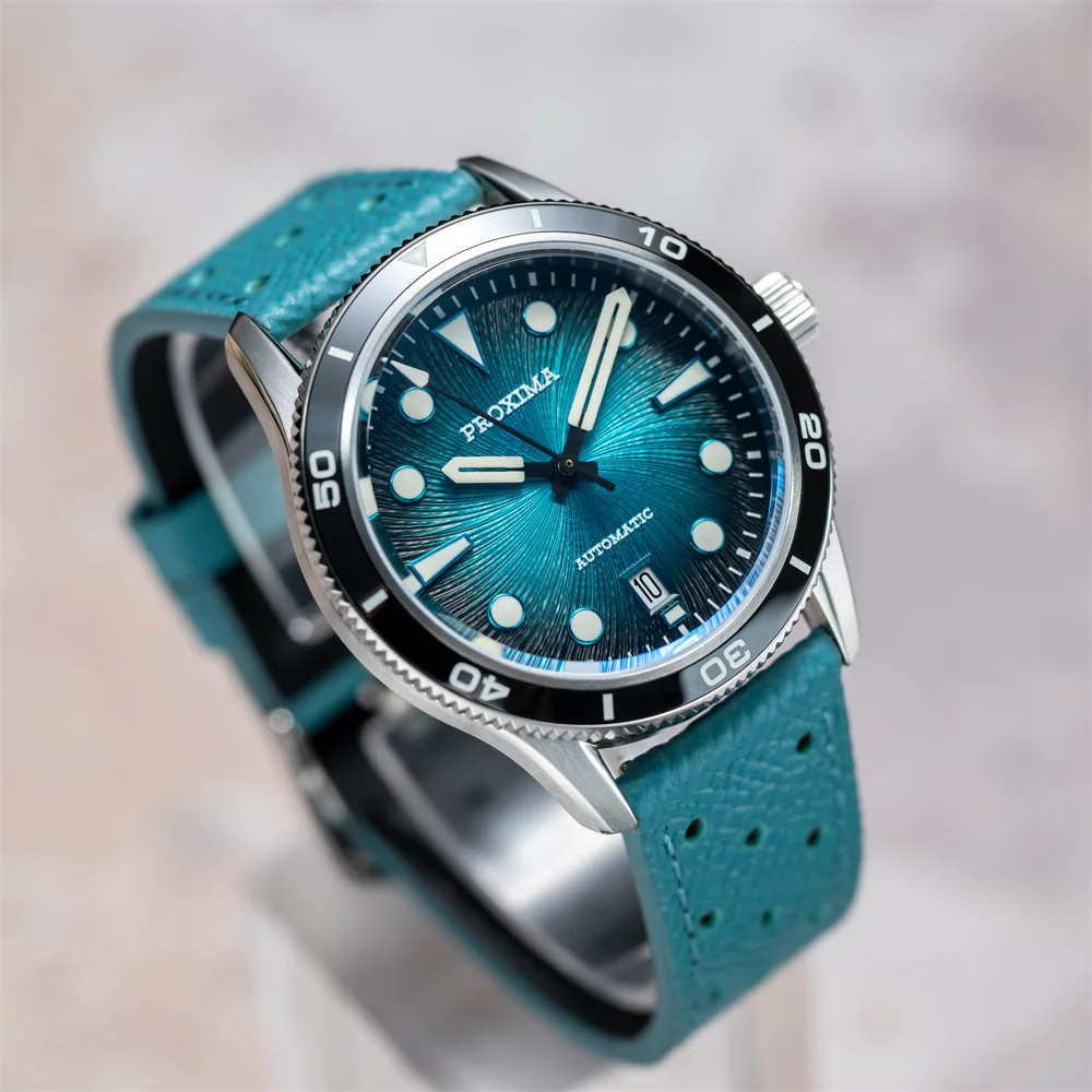 Men's luxury dive watch with blue dial, sapphire glass, and 10Bar water resistance.
