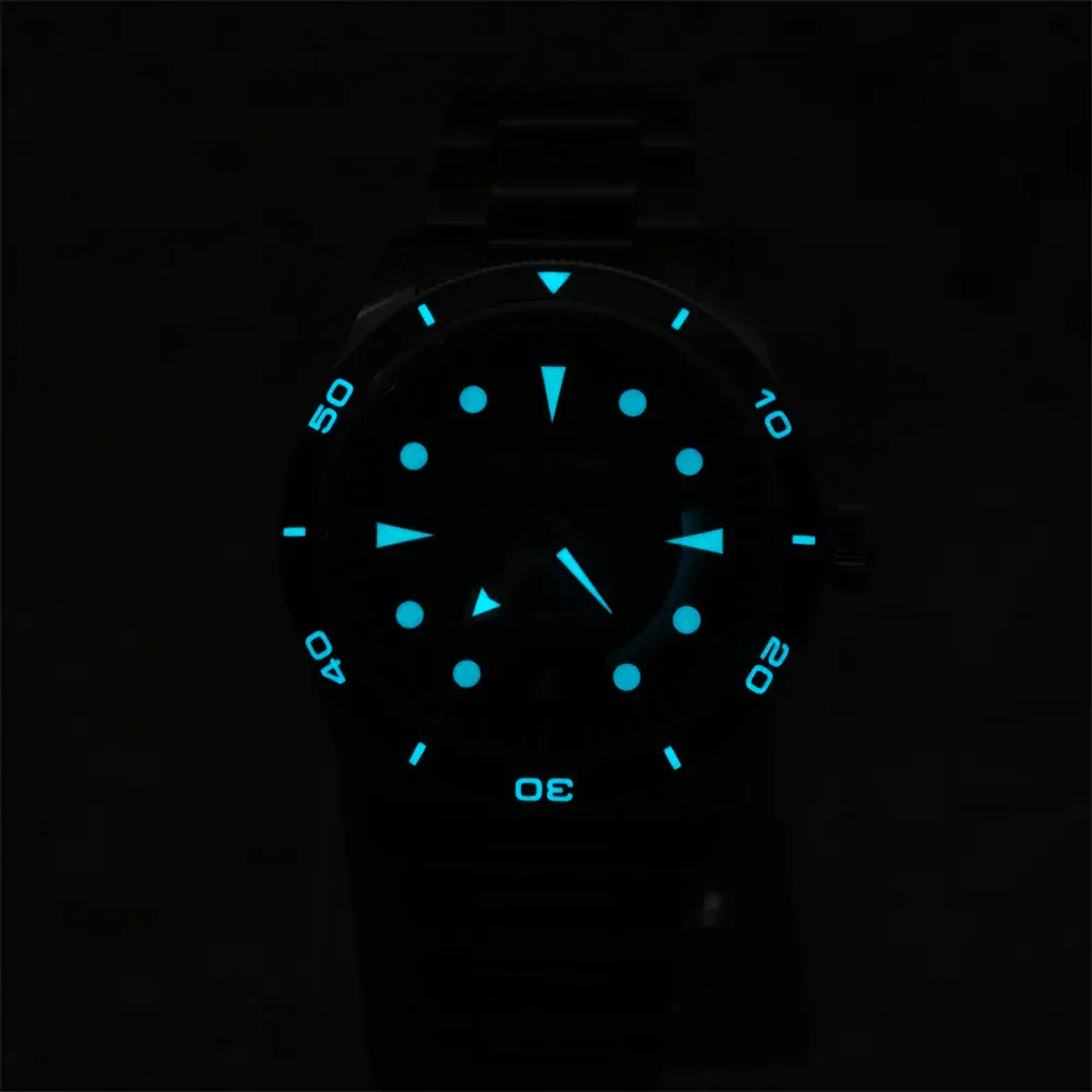 Luminous diver watch with glow-in-the-dark spiral vortex dial, waterproof up to 200m, perfect for un.