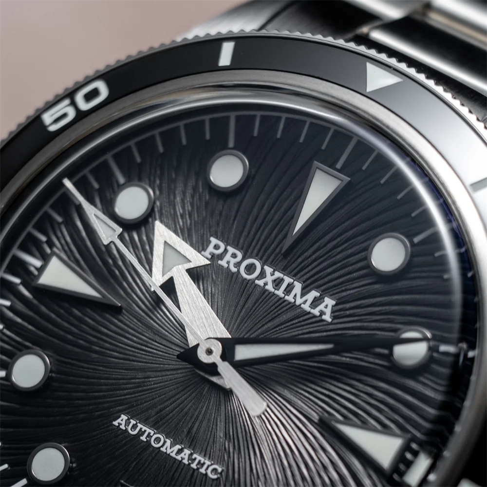 Automatic luxury diver wristwatch with vortex dial.