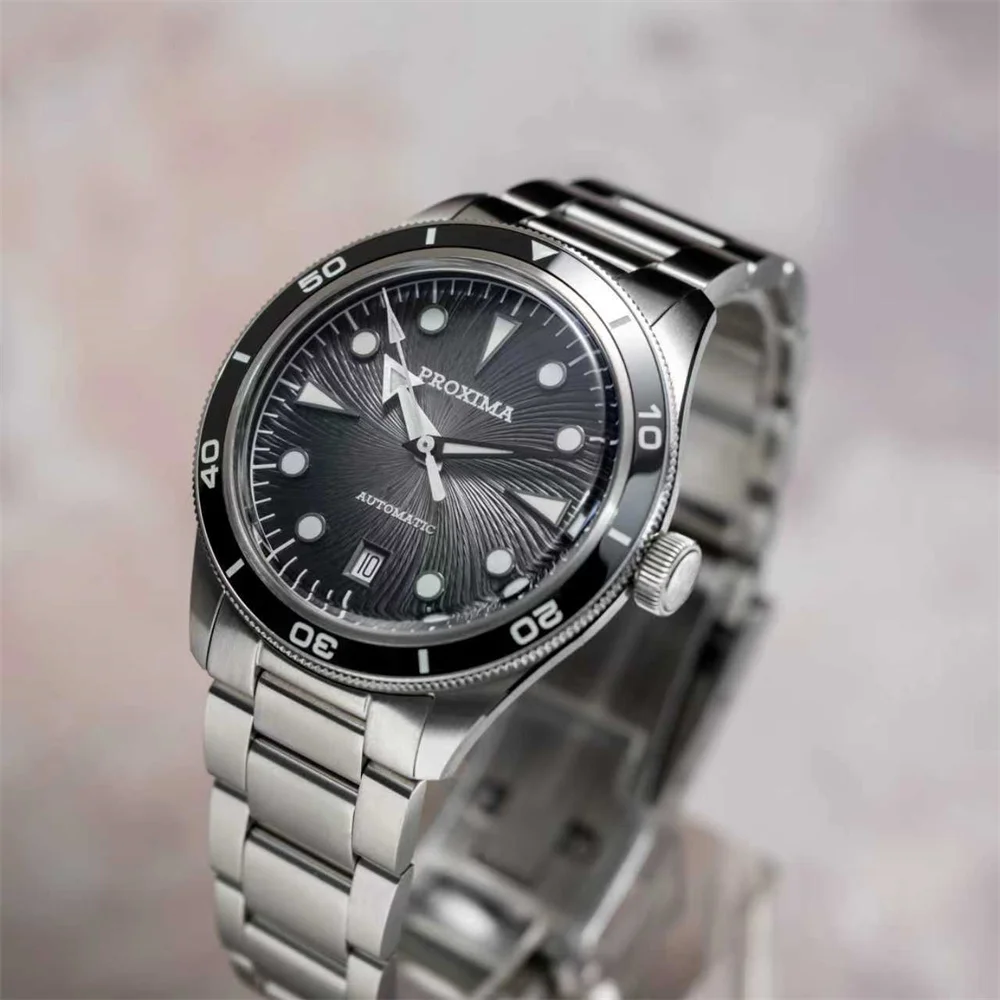 Proxima PX1749 39mm men's diver watch with spiral vortex dial, PT5000 automatic movement, waterproof.