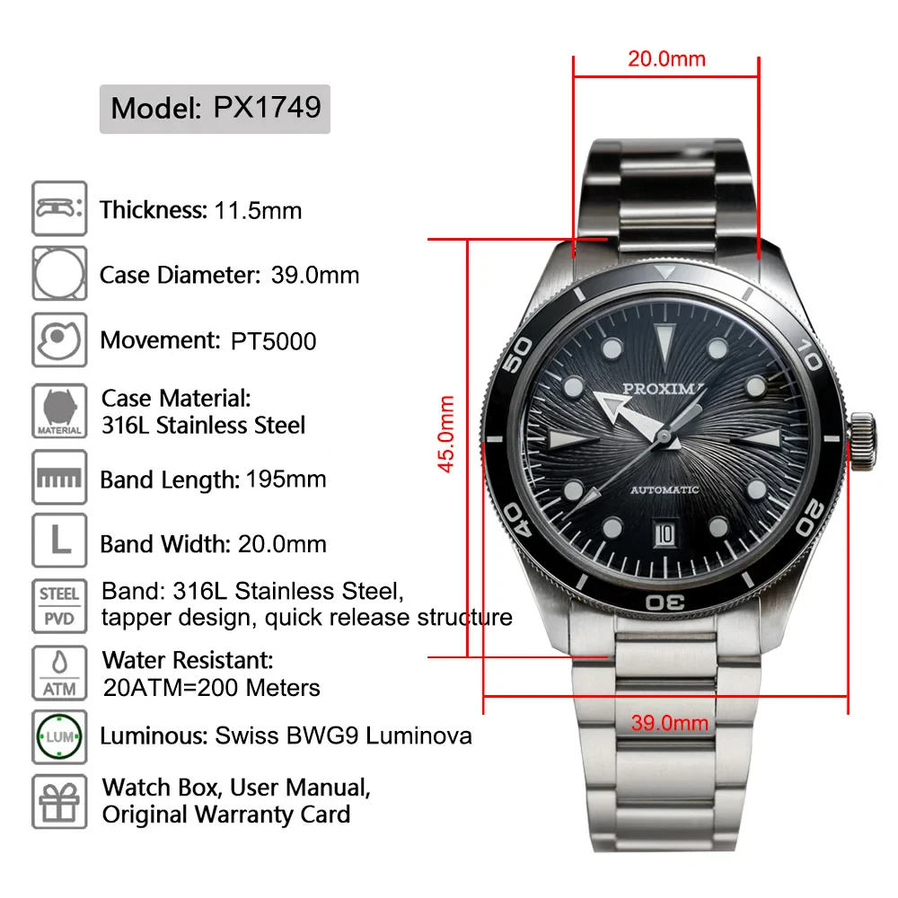 Men's Luxury Diver Watch with Spiral Vortex Dial.