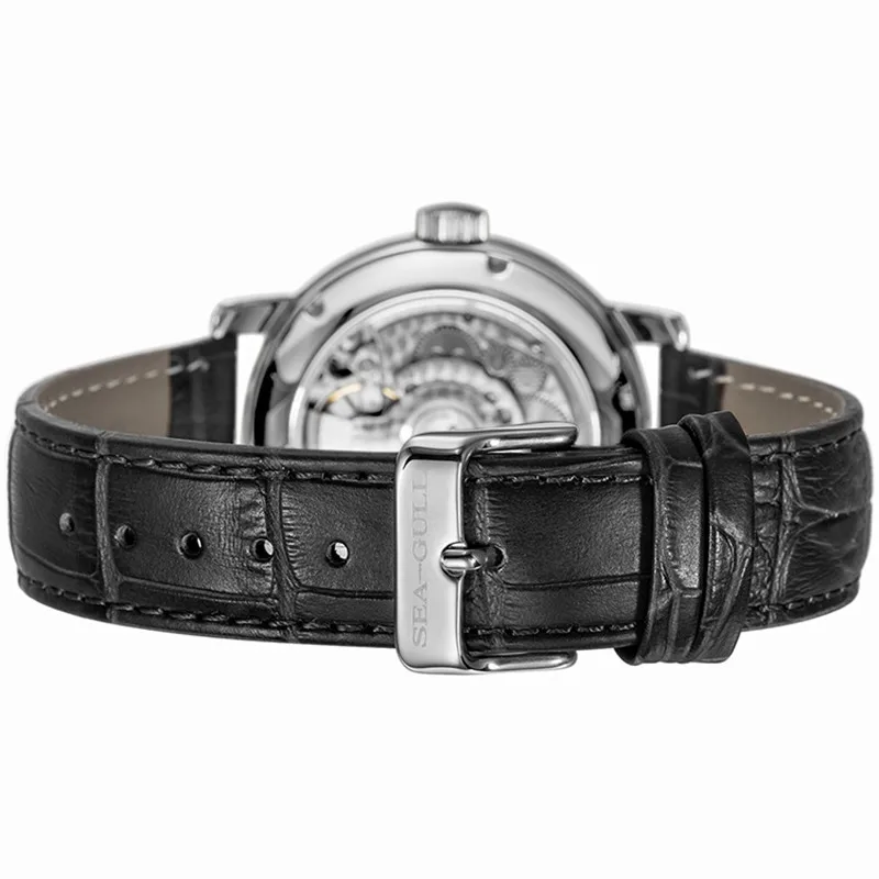 Seagull men's luxury waterproof mechanical watch with stainless steel case and leather strap.