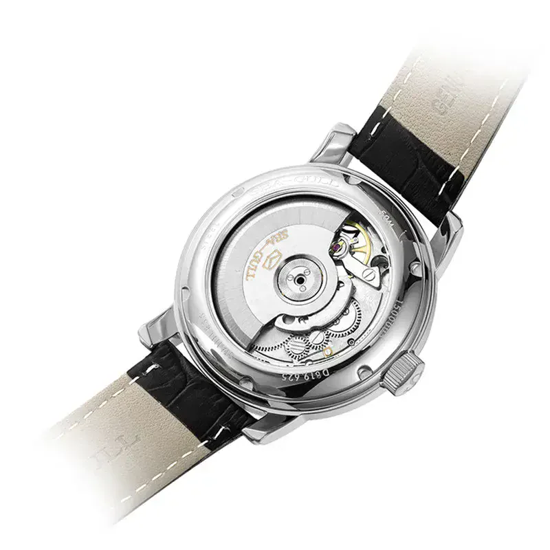 Close-up of Seagull men's luxury mechanical watch with stainless steel case and leather strap.