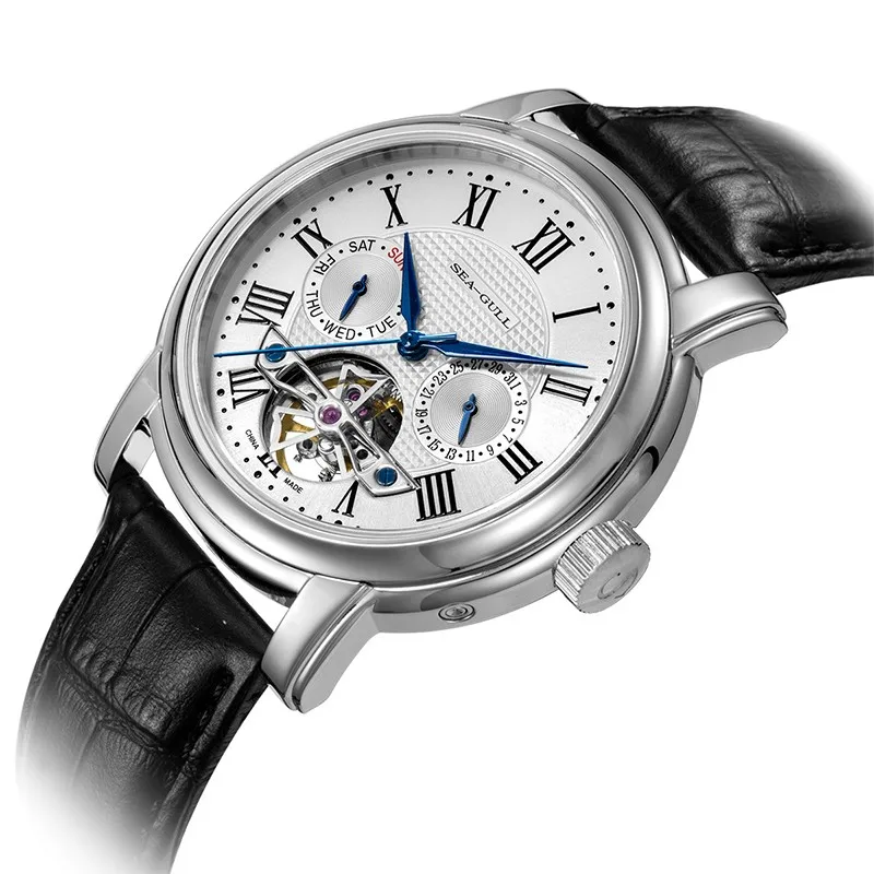 Elegant men's mechanical watch with stainless steel case and black leather band.